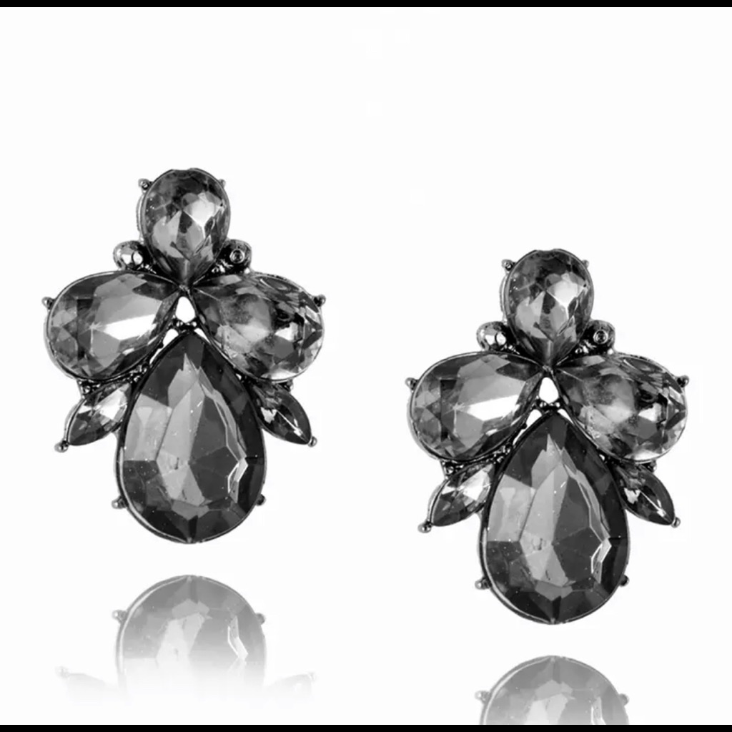 Black/Grey Crystal Flower Stud Drop Earrings
